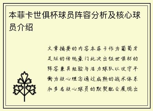 本菲卡世俱杯球员阵容分析及核心球员介绍