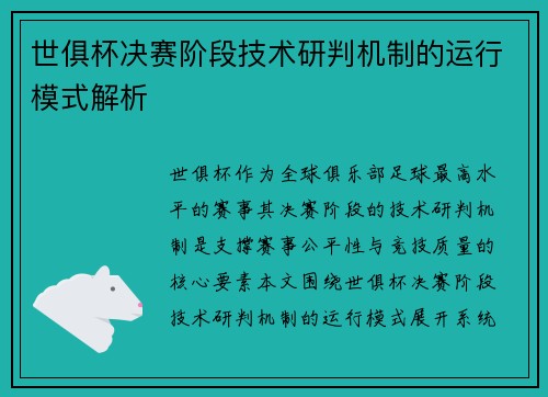 世俱杯决赛阶段技术研判机制的运行模式解析