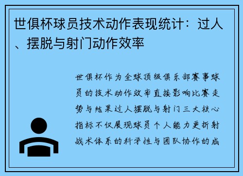 世俱杯球员技术动作表现统计：过人、摆脱与射门动作效率